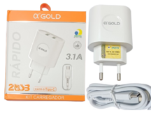 CARREGADOR ELETRICO SAIDA USB + USB C + CABO TIPO C GOLD