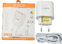 CARREGADOR ELETRICO 2 SAIDAS USB + CABO TIPO C GOLD CA-183